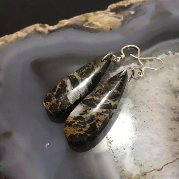 Sterling Silver Elongated Teardrop Black Mizone Slab Dangle Earrings #214 - Picture 5 of 10